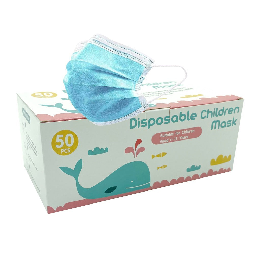 50 Pack Kids Face Mask 3 Ply Breathable Ear Loops Disposable Masks Blue