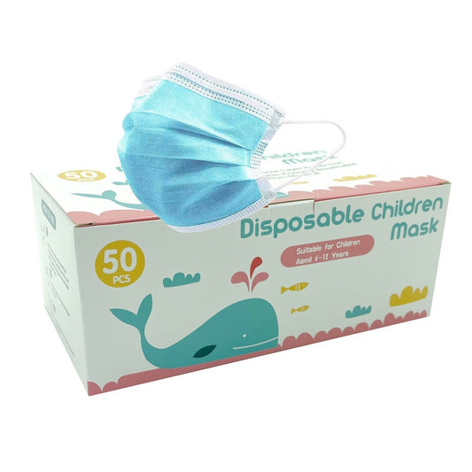 50 Pack Kids Face Mask 3 Ply Breathable Ear Loops Disposable Masks Blue