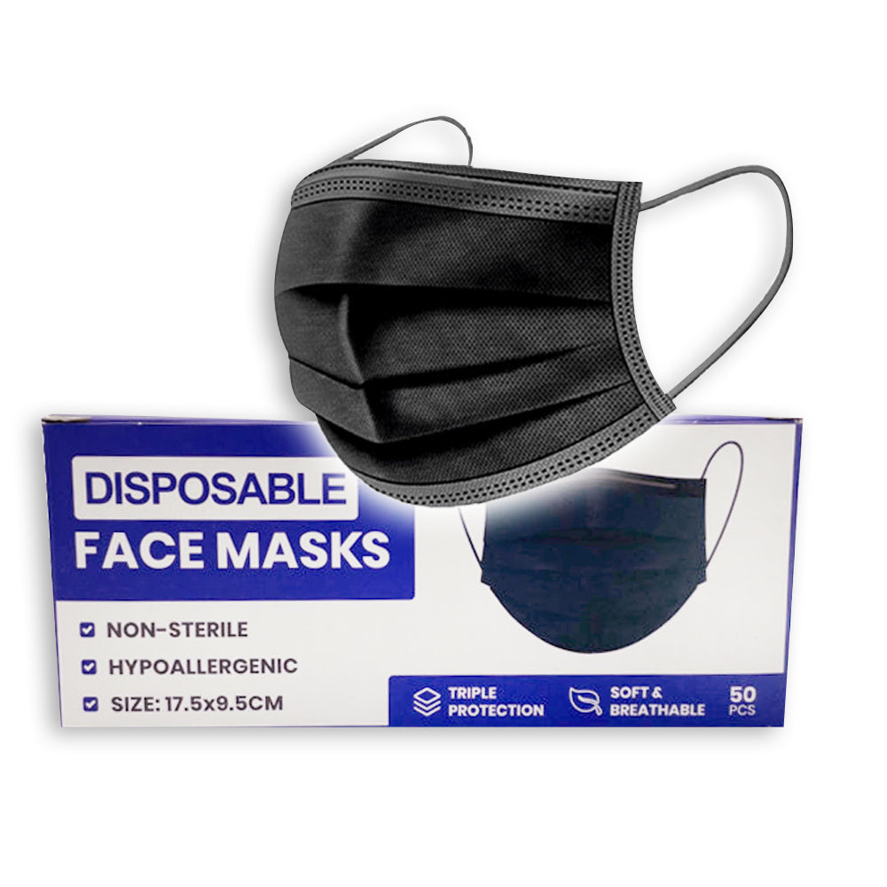 Black 3 Ply 50 Pack Disposable Face Mask Dust Filter Masks Protective 98% 3 Layer